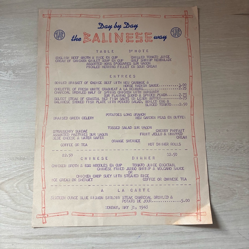 Balinese Theme Menu – Vintage May 31, 1948 – Day by Day – Tiki Ephemera – Rare